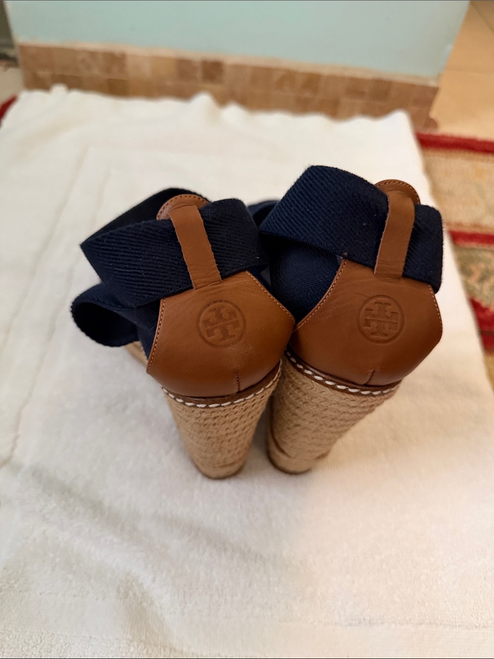 Tory Burch Navy Fabric and Brown Leather Espadrille Wedges
